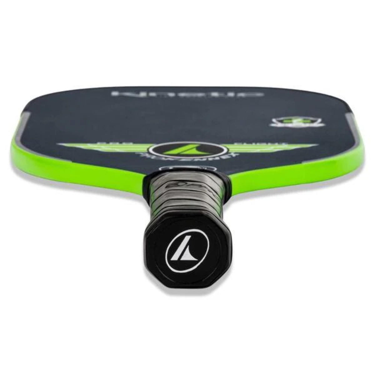 Pickleball paddle with a textured face, branded graphics, and a cushioned handle grip designed for control and performance.