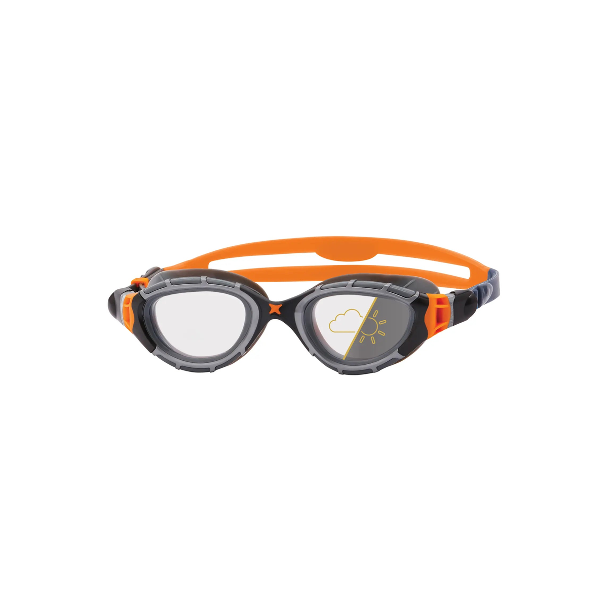 Zoggs Predator Flex Reactor Swimming Goggles Photochromatic Open Water in Grey Orange Reactor - front