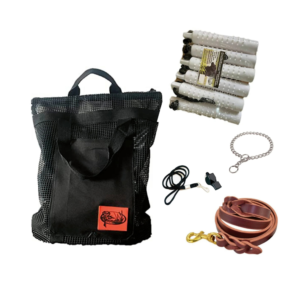 HuntEmUp Hunting Dog Essentials Training Kit - 3 in White Plastic Bumper with Throw Rope 6pc + Mesh Bumper Storage Bag + Whistle & Lanyard + Braided Leash + Training Chain