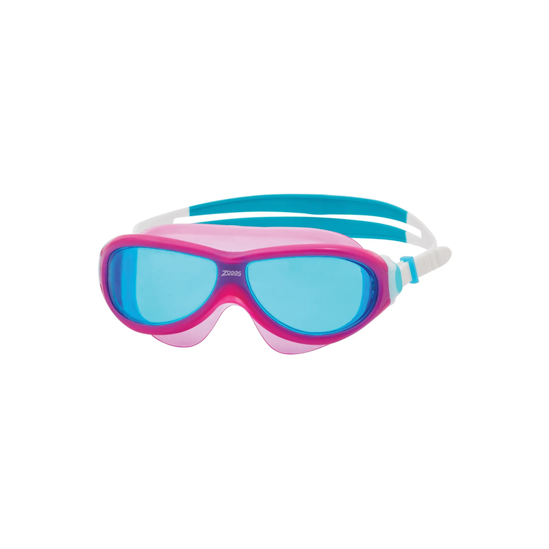 Zoggs Phantom Junior Swimming Mask 6-14 Years Soft-Seal UV Anti-Fog in Pink/White - Tinted Blue Lens - front