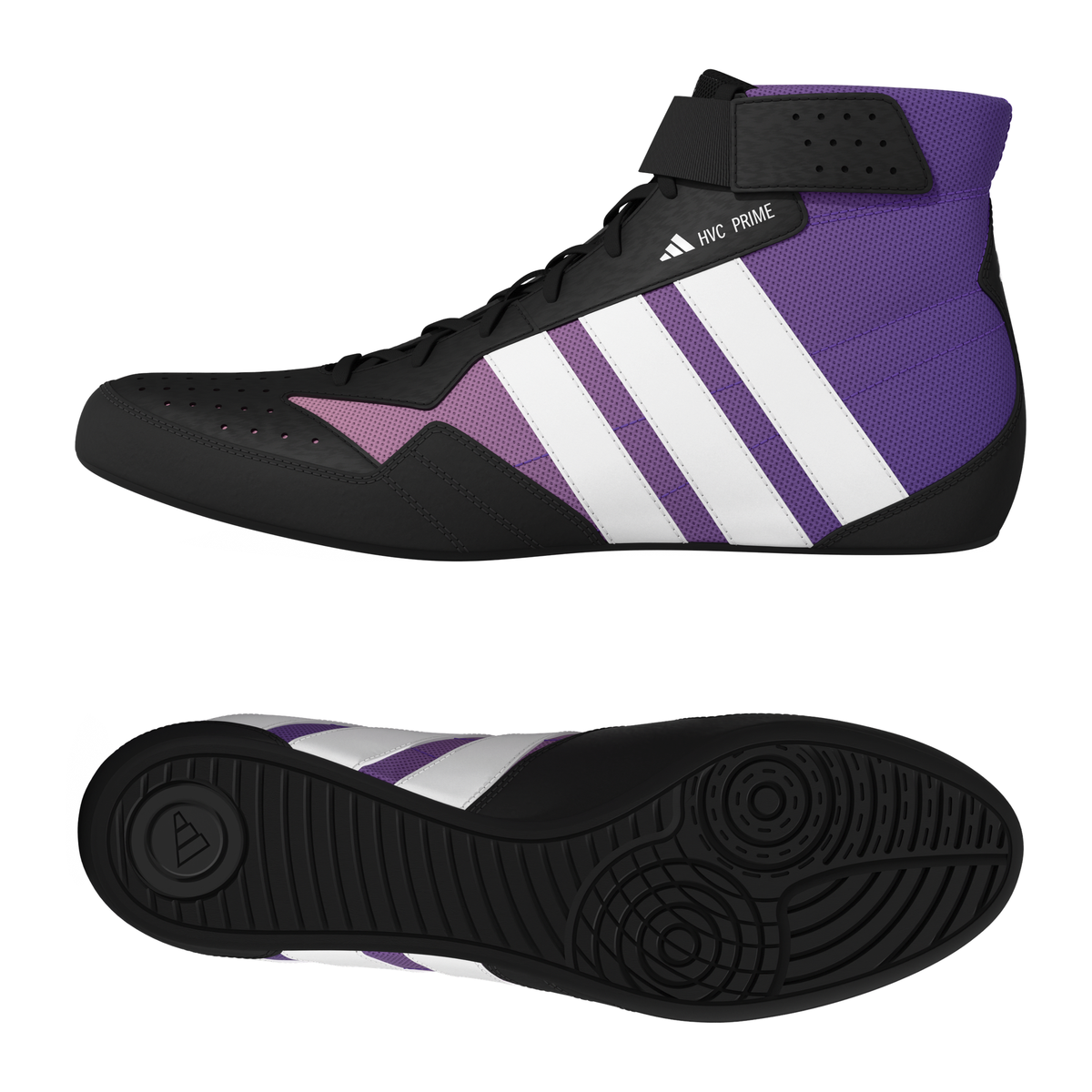 Adidas HVC Prime Black/White/Purple Wrestling Shoes in Black/White/Purple - front angle view