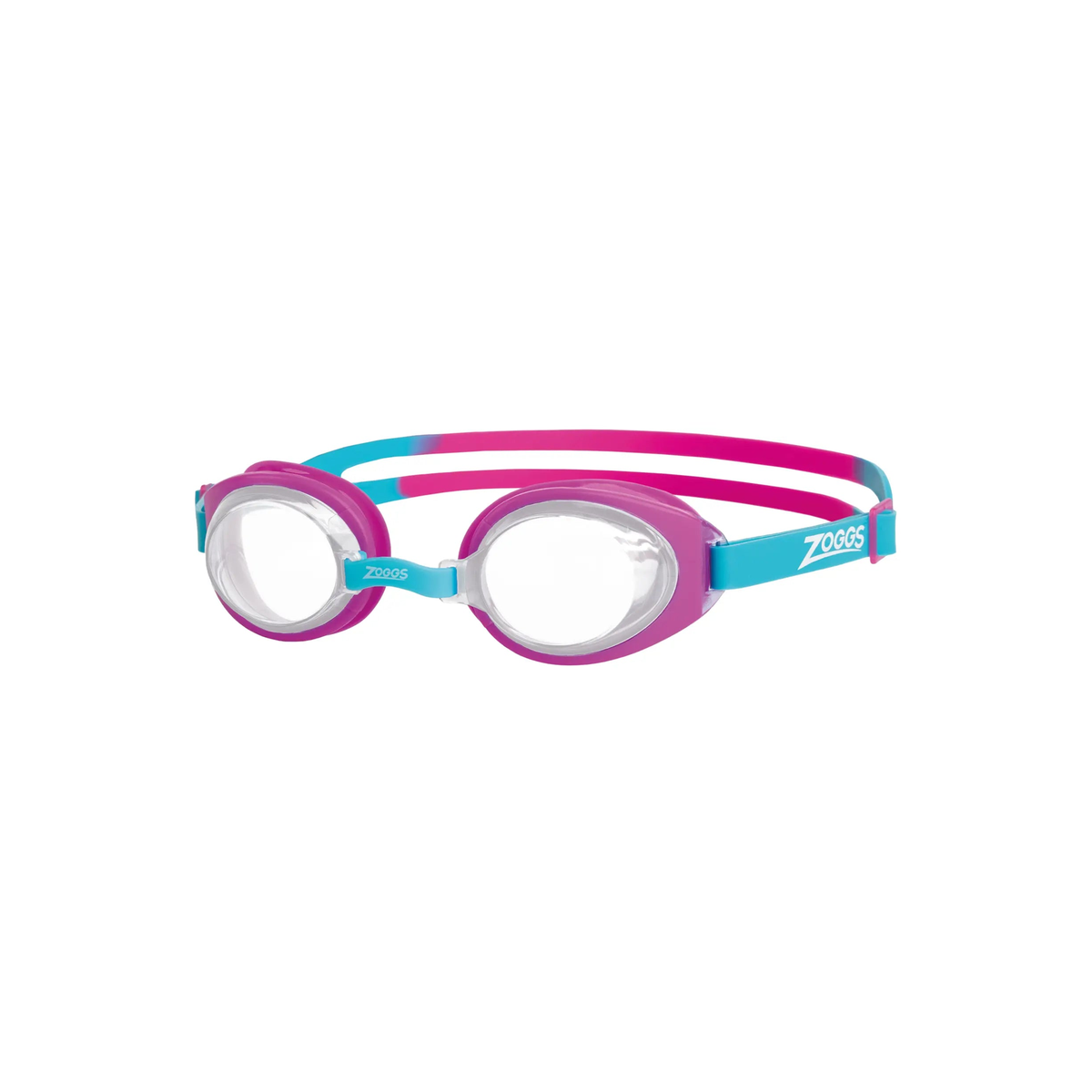 Zoggs Little Ripper Kids Swimming Goggles Tinted Lens Anti-Fog UV Goggles in Pink/Turquoise - Clear Lens - front
