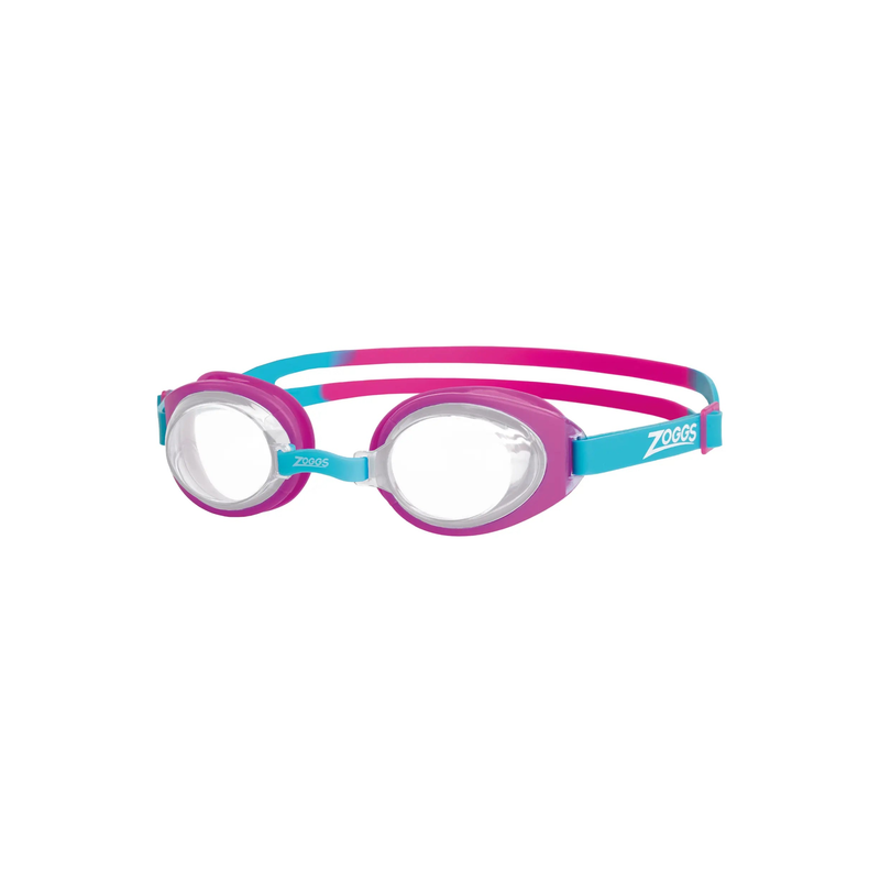 Zoggs Little Ripper Kids Swimming Goggles Tinted Lens Anti-Fog UV Goggles in Pink/Turquoise - Clear Lens - front