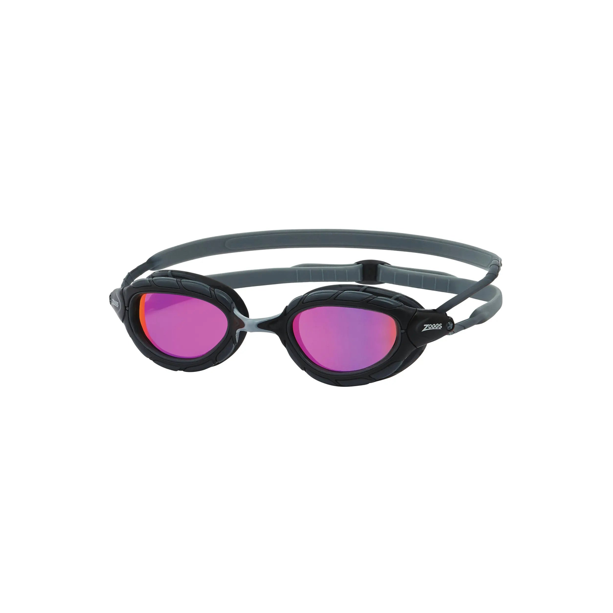 Zoggs Predator Titanium Swimming Goggles Glare Reduction Double Strap in Grey/Black - Mirrored Pink Lens - front