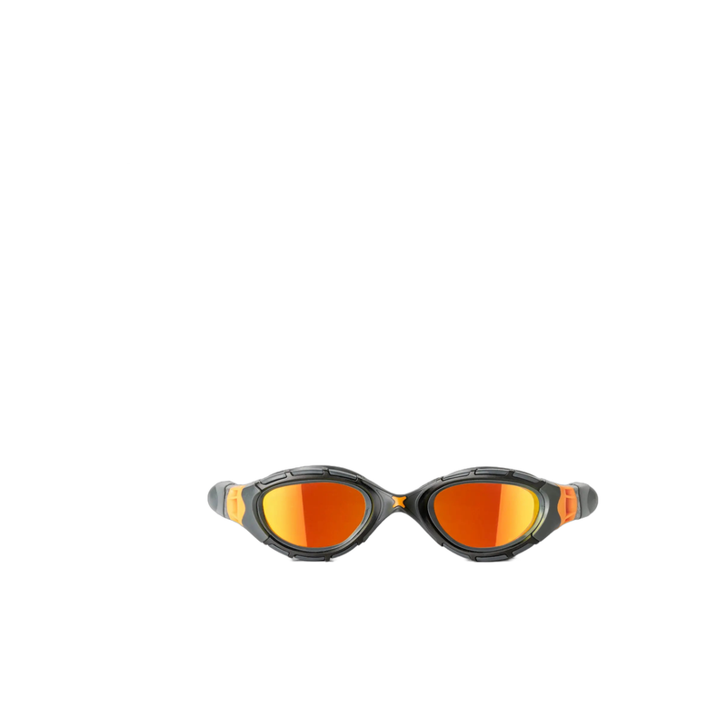 Zoggs Predator Flex Titanium Swim Goggles Anti-Glare Open Water Swimming in Grey Black Mirrored Orange - front