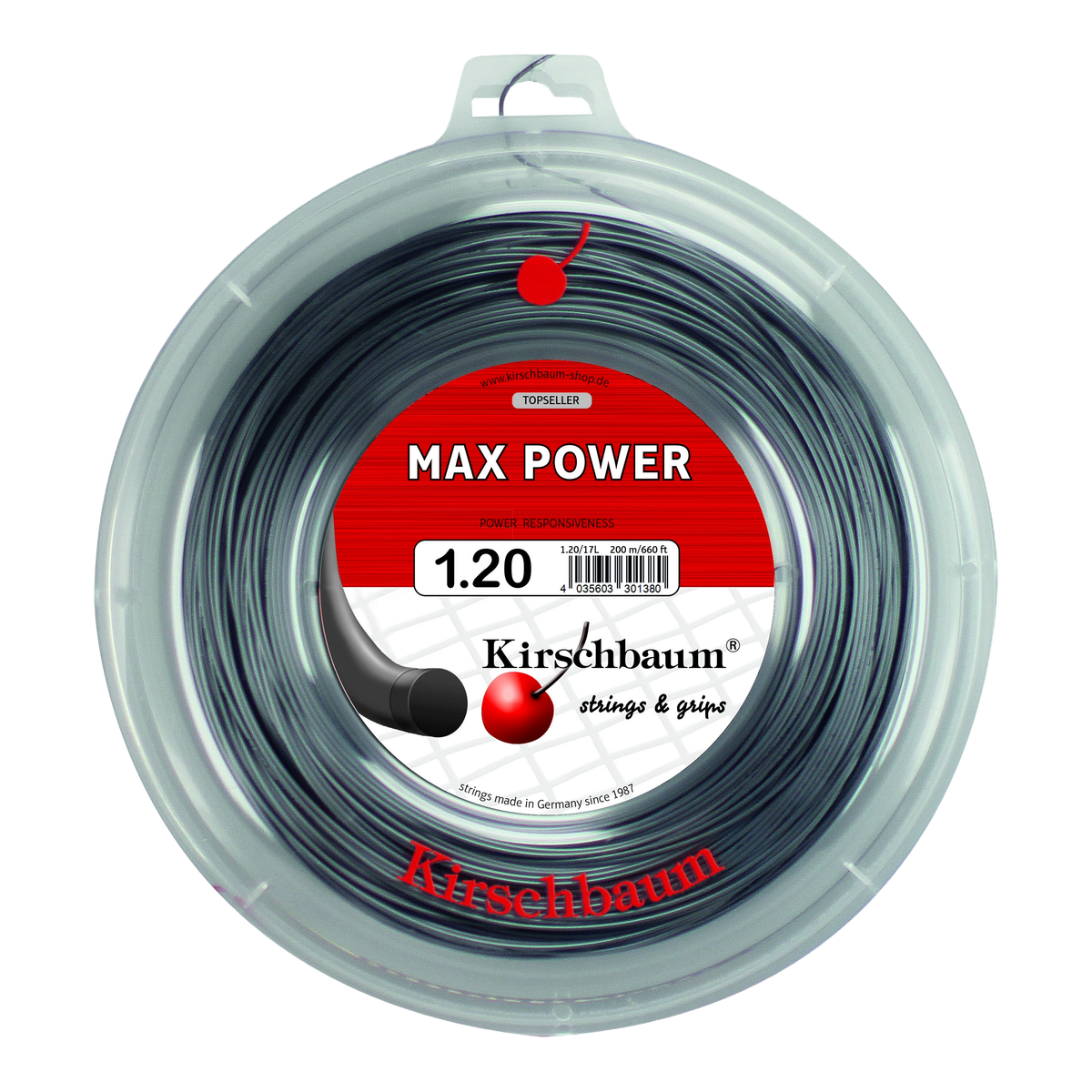 Kirschbaum Max Power Tennis String Reel, 660 ft in 1.20mm / 18G Silver - Front View