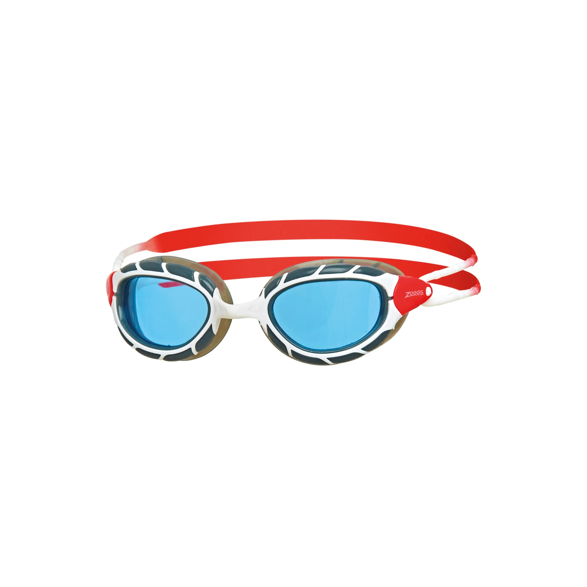 Zoggs Predator Swimming Goggles Wiro Frame UV Protection Indoor Outdoor in White/Red - Tinted Blue Lens - front