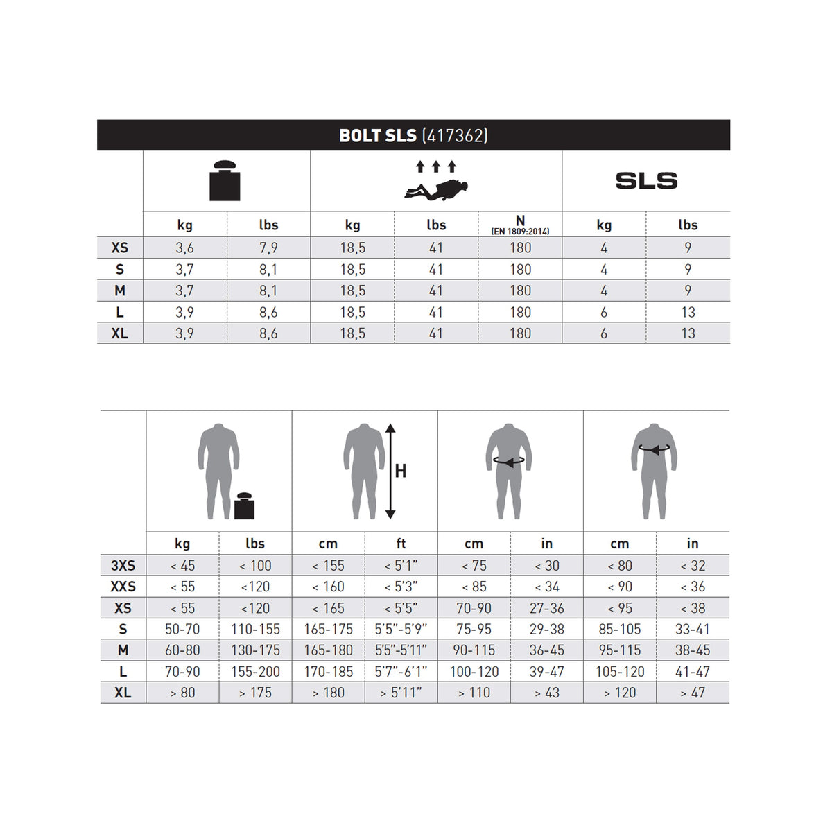 Mares Bolt SLS BCD - 417362_Bolt SLS_Sizes