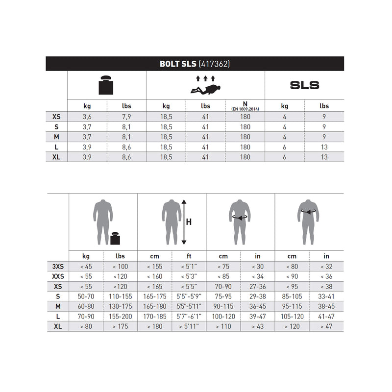 Mares Bolt SLS BCD - 417362_Bolt SLS_Sizes