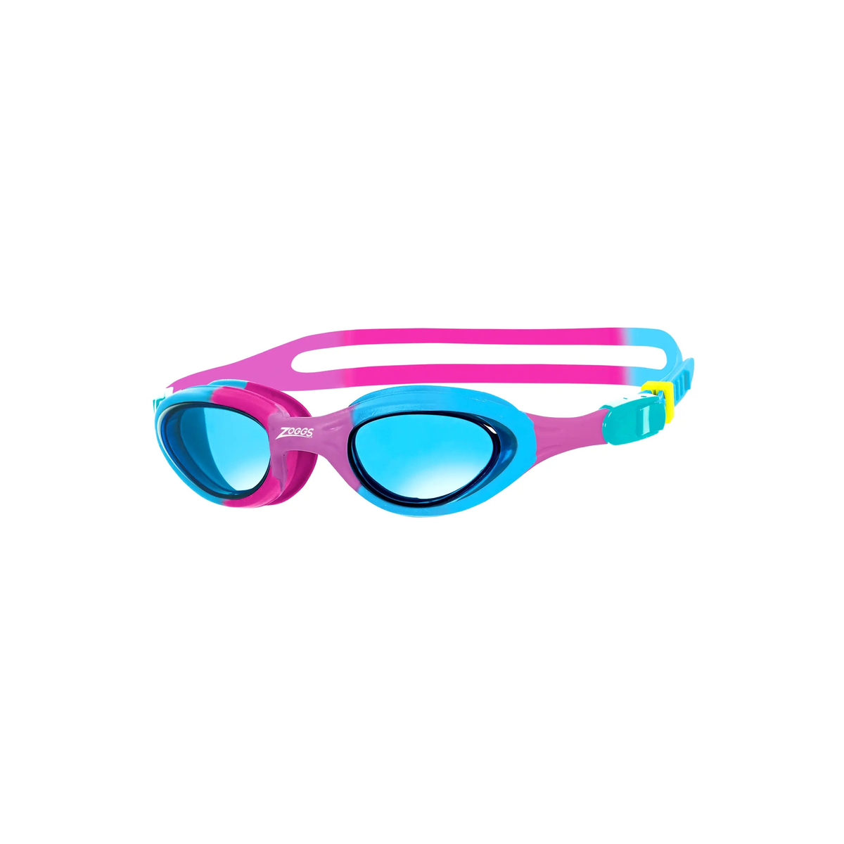 Zoggs Super Seal Junior Swimming Goggles Quick Adjust Kids Pool Goggles in Pink/Blue - Tinted Blue Lens - front