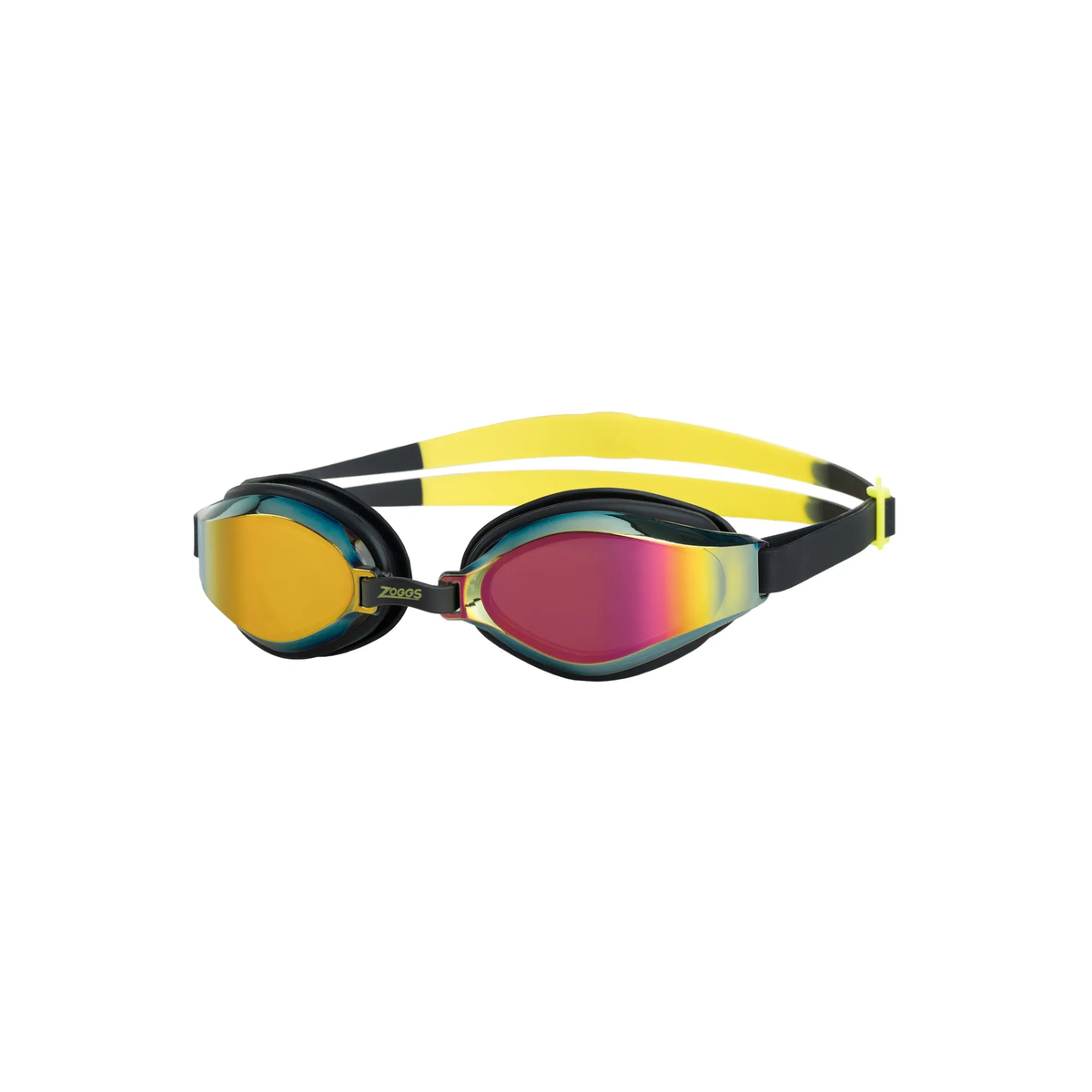 Zoggs Endura Max Titanium Swimming Goggles Curved Lens Anti-Glare Goggles in Black Yellow Mirrored Violet - front