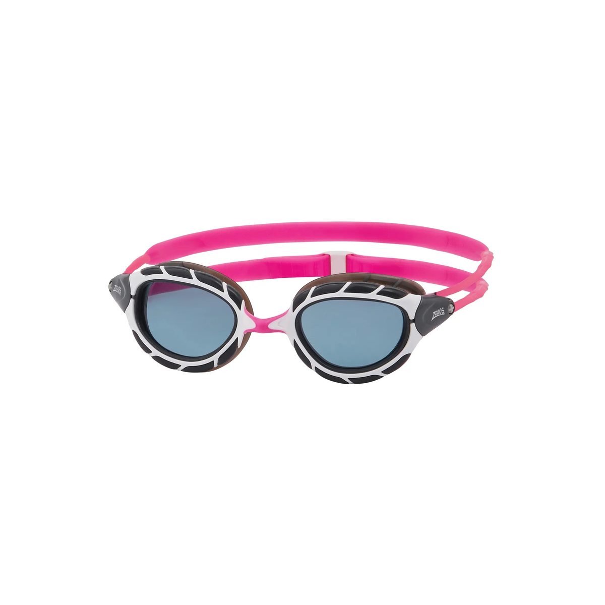Zoggs Predator Swimming Goggles Wiro Frame UV Protection Indoor Outdoor in Pink/White - Tinted Smoke Lens - front