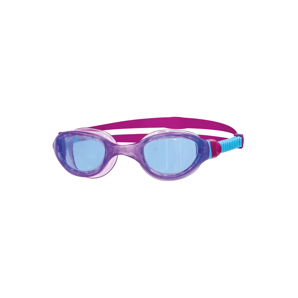 Zoggs Phantom 2.0 Junior Swimming Goggles Ultra Fit Quick Adjust Goggles in Purple/Aqua - Tinted Blue Lens - front