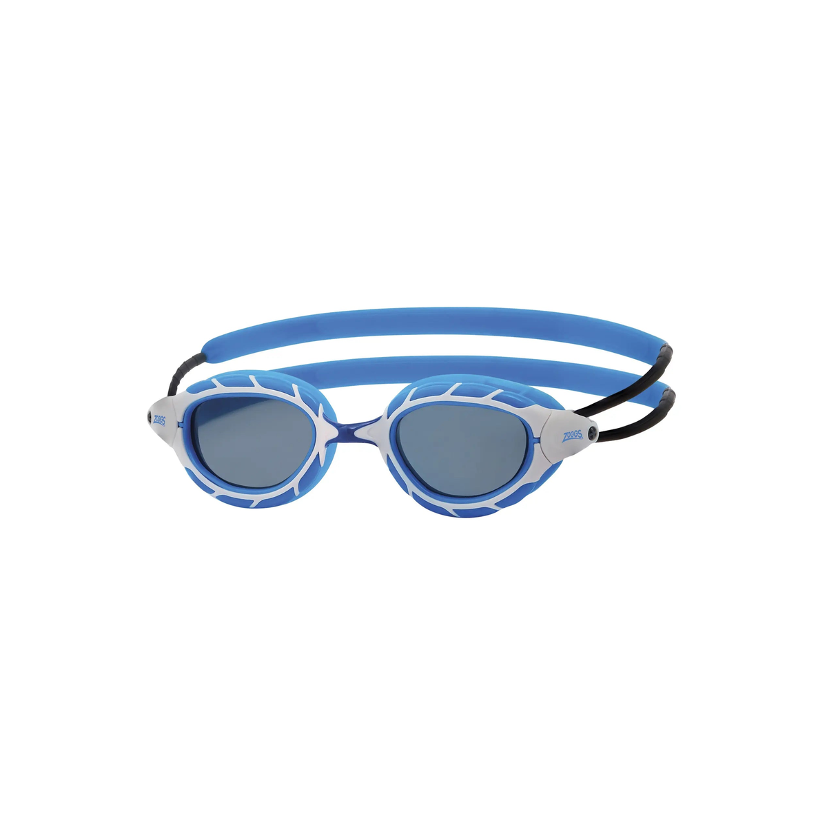 Zoggs Predator Swimming Goggles Wiro Frame UV Protection Indoor Outdoor in Blue/White - Tinted Smoke Lens - front
