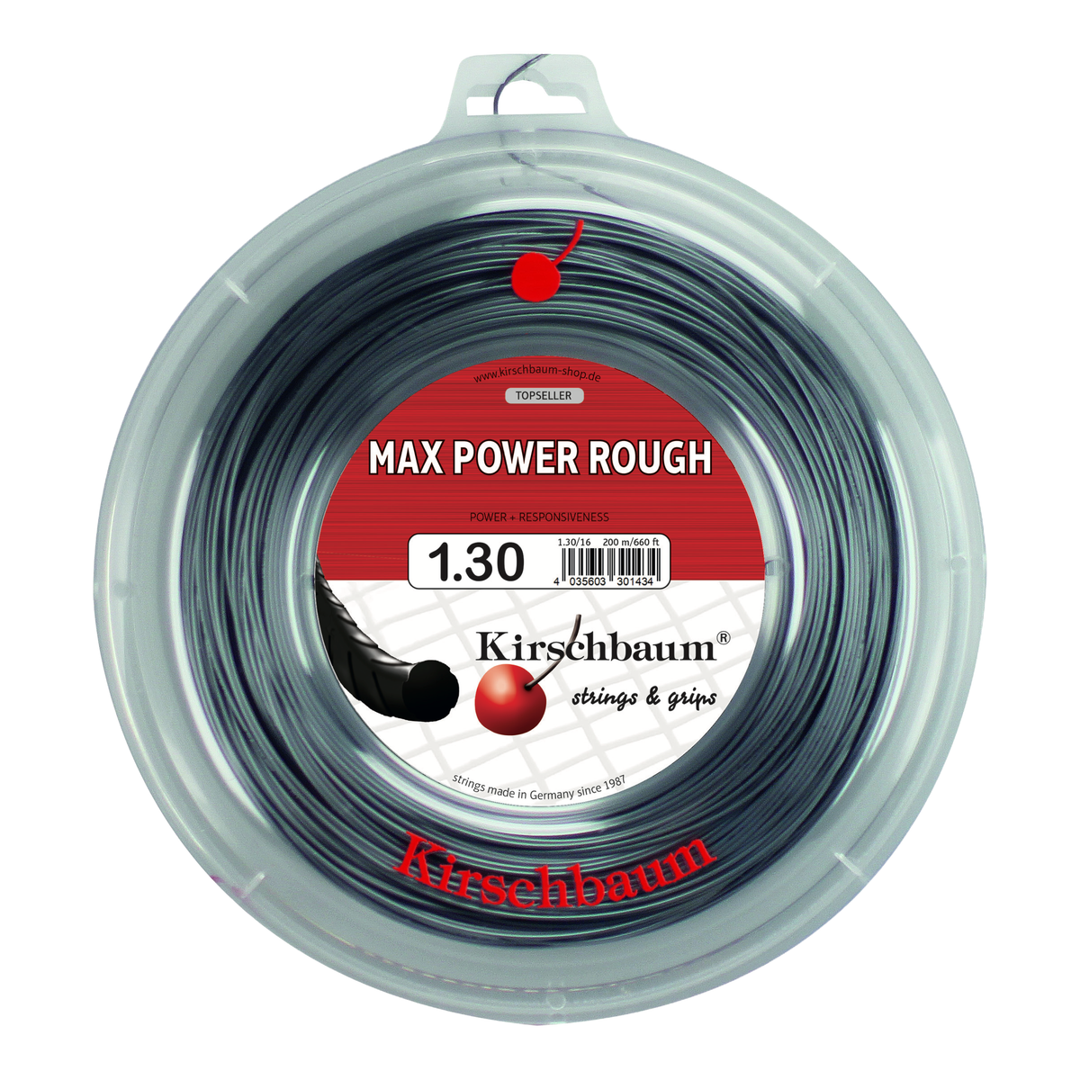 Kirschbaum Max Power Rough Tennis String Reel, 660 ft in 1.30mm / 16G - Front View