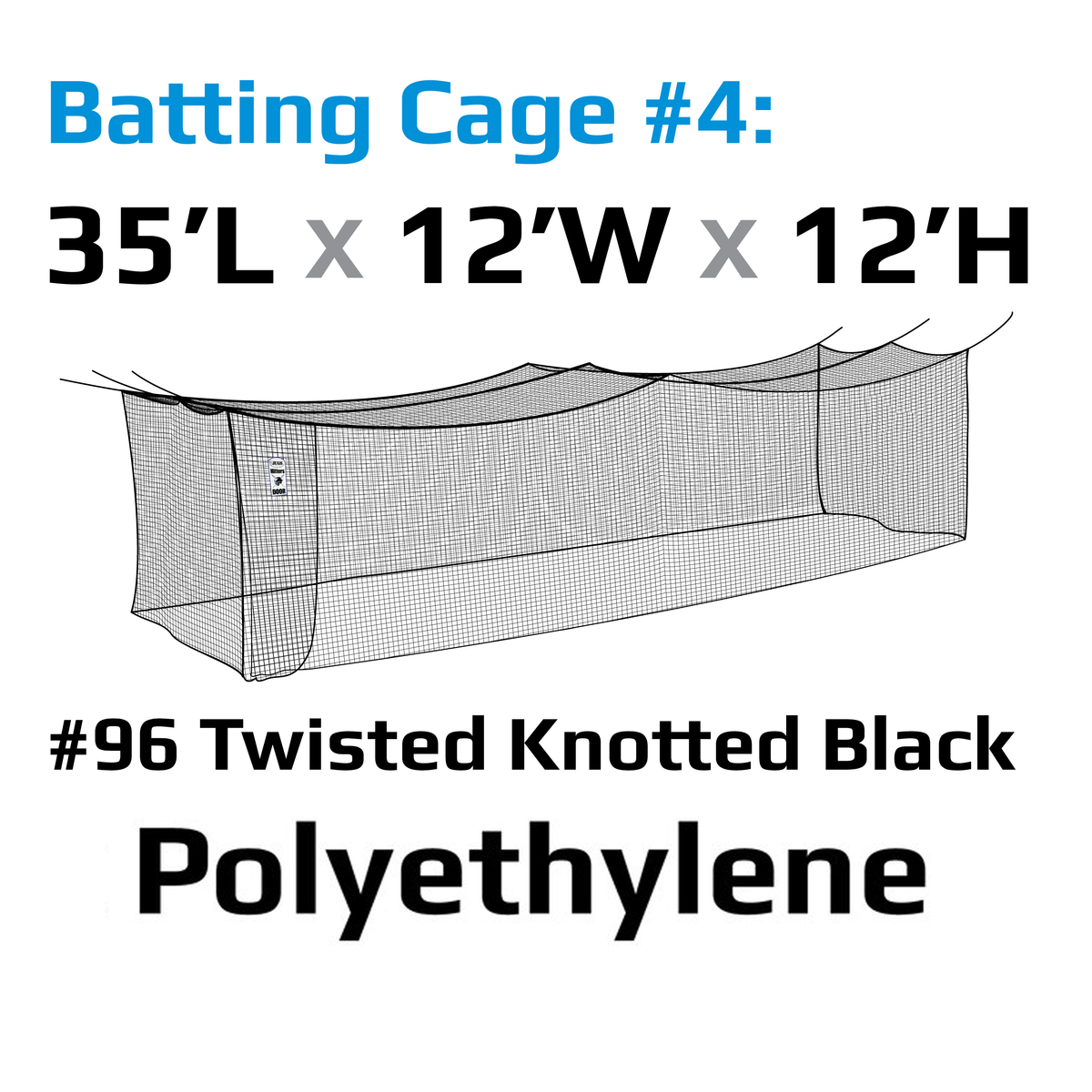 JUGS Batting Cage Nets in Cage 4: 35' L x 12' W x 12' H / #96 Twisted Knotted Black Polyethylene - Front View