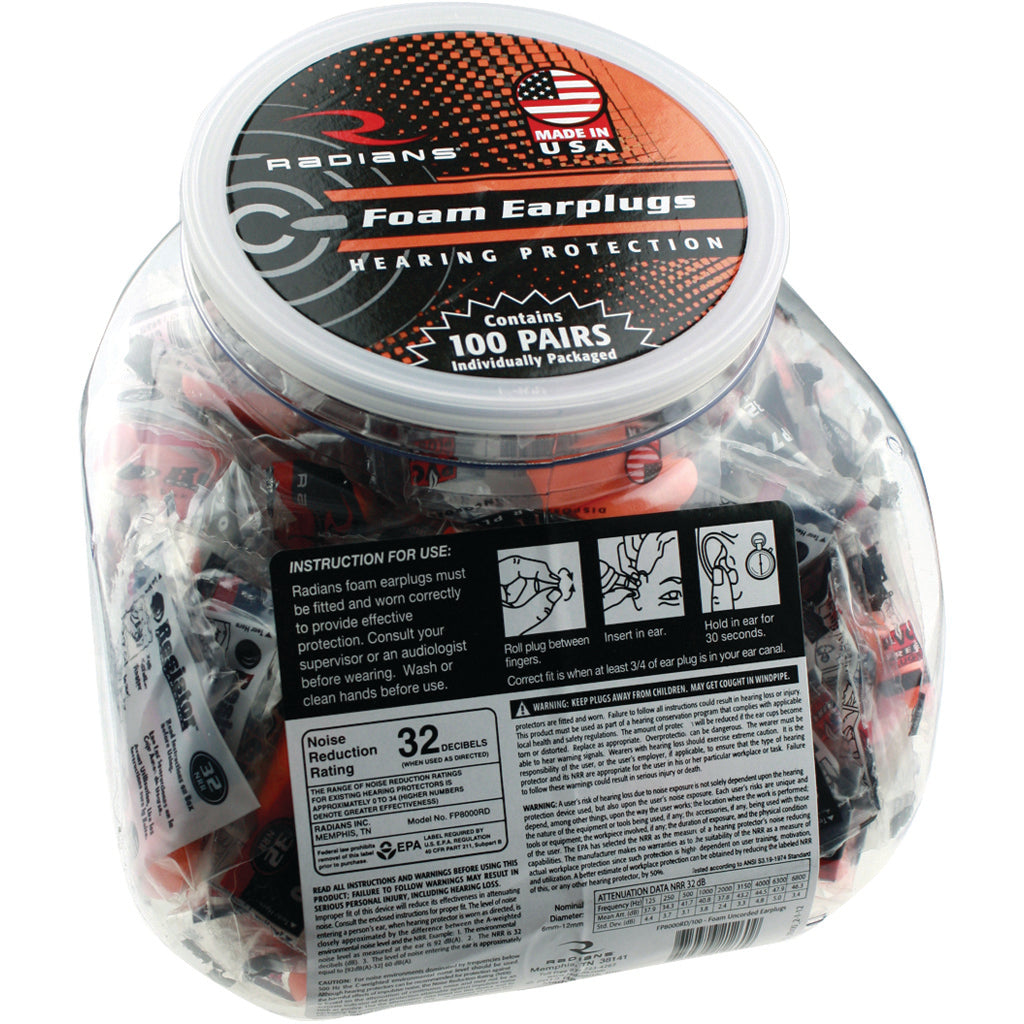 Radians Resistor 32 Foam Ear Plugs in Uncorded Orange 100 pr. Jar - Front View