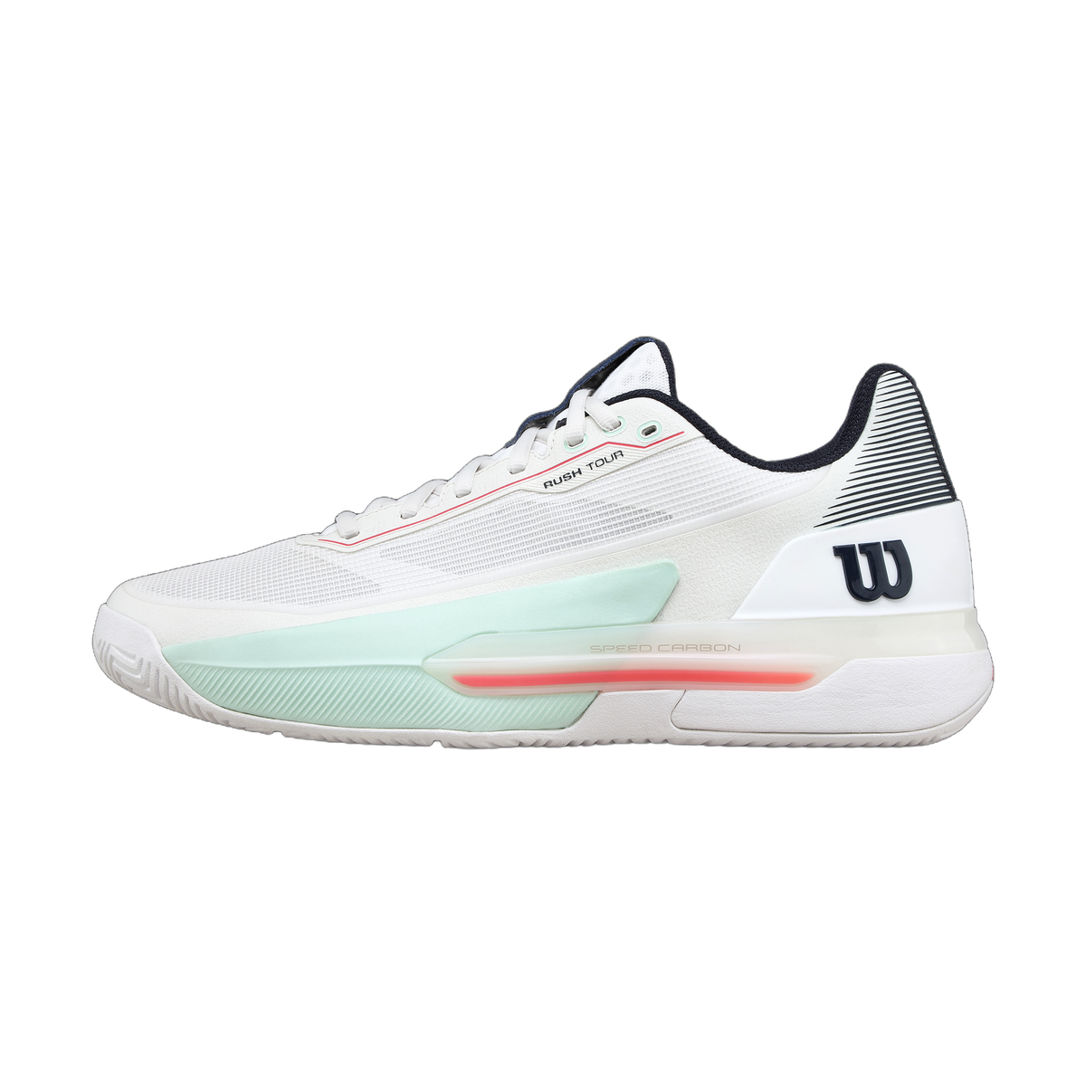 Wilson Rush Tour 5 Tennis Shoes in White/Bay/Fiery Coral - lateral side view