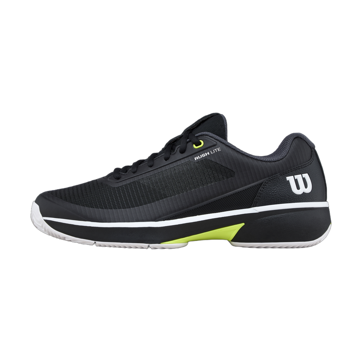 Wilson Rush Lite 5 Clay Tennis Shoes in Black/White/Safety Yellow - lateral side view