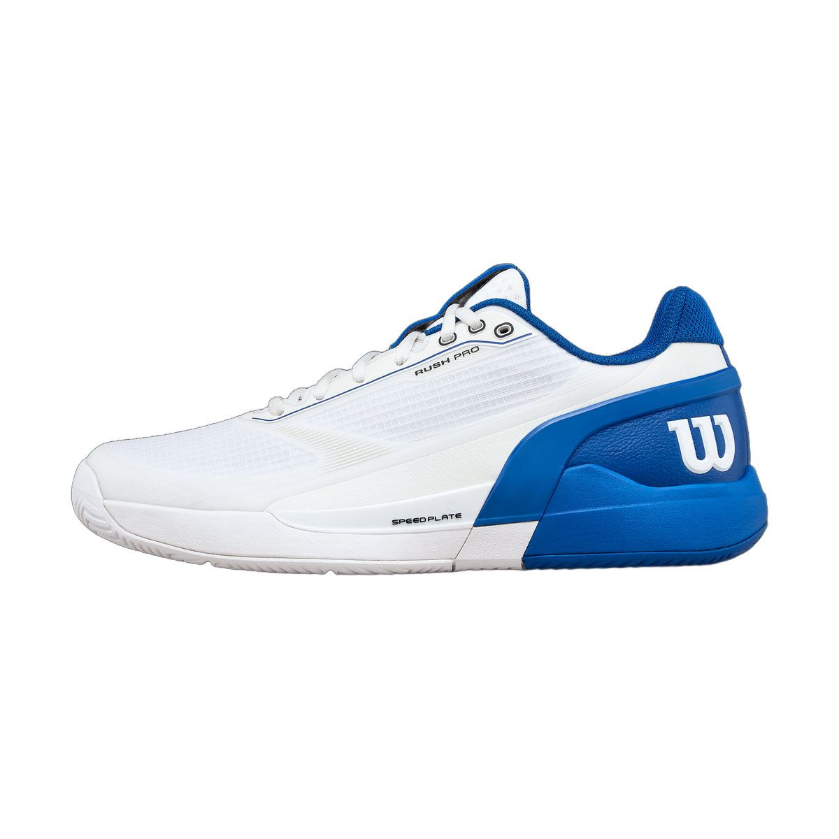 Wilson Rush Pro 5 Tennis Shoes in White/Deja Vu Blue/Safety Yellow - lateral side view