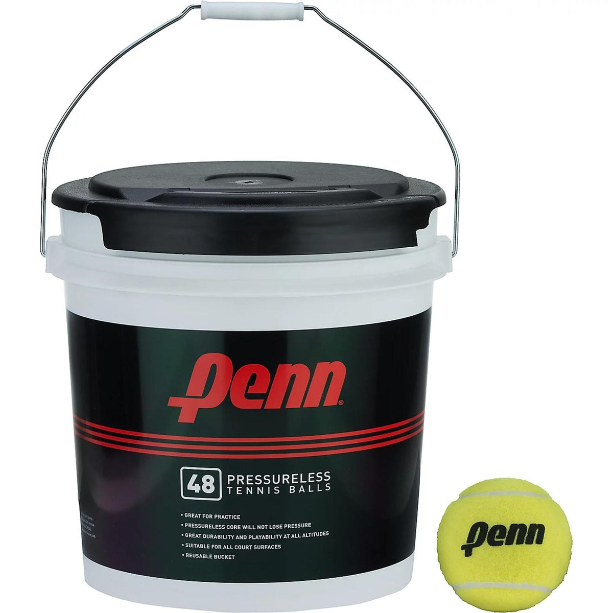 Bucket of pressureless tennis balls with labeled packaging and secure lid.
