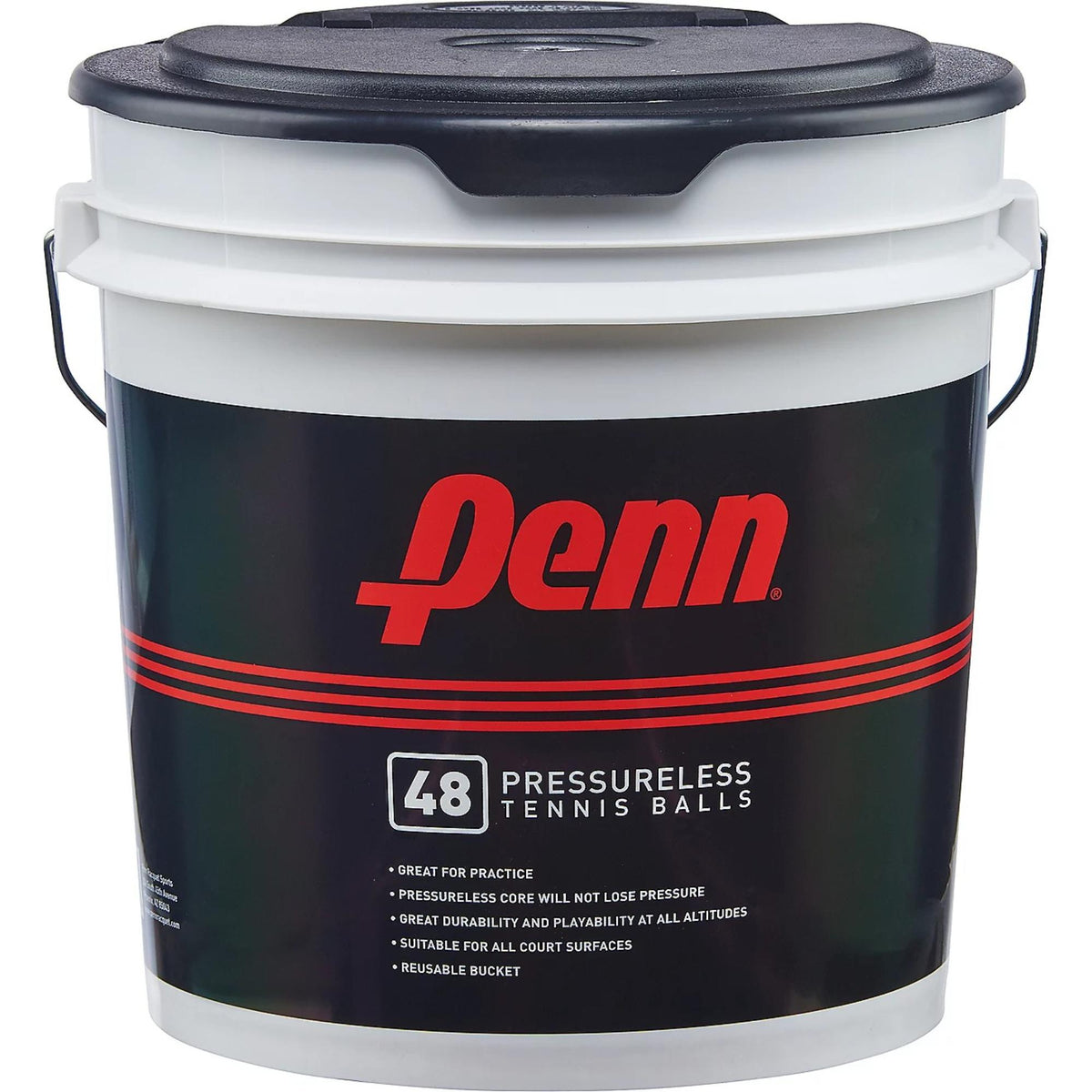 Bucket of pressureless tennis balls with labeled packaging and secure lid.