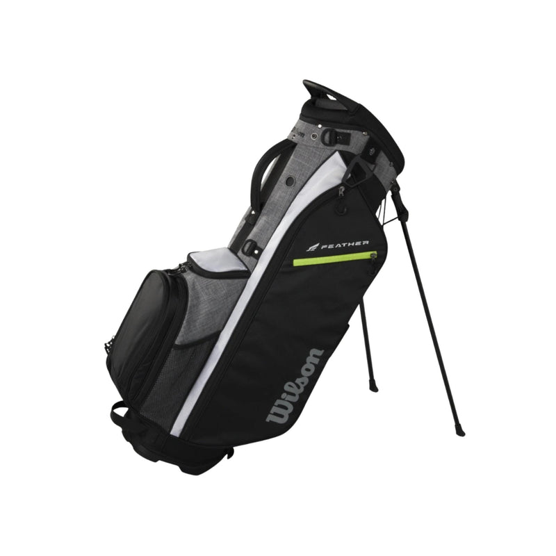 Wilson Golf Feather stand bag in black and gray featuring lightweight construction, multiple storage pockets, and built-in stand legs for easy course access.