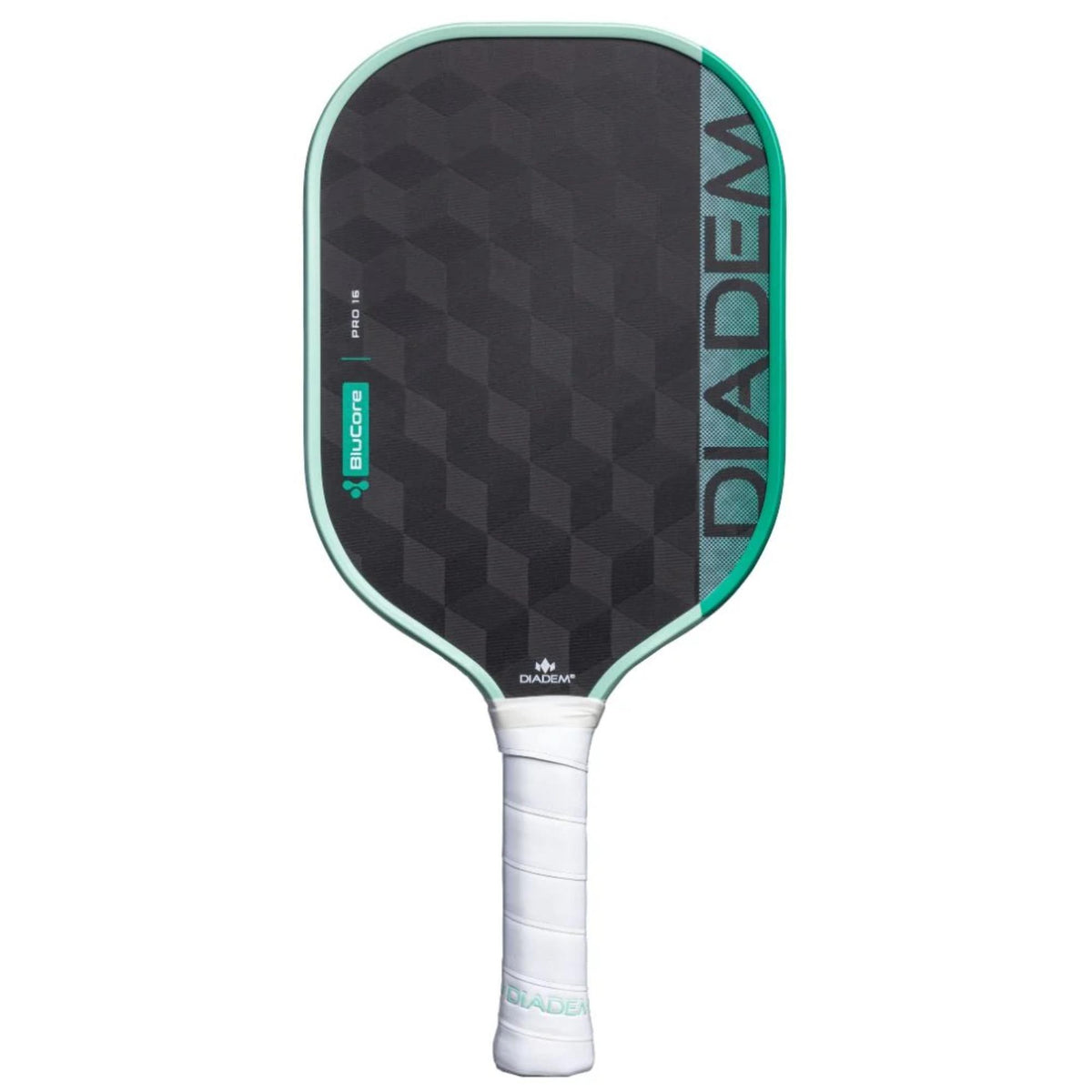 Diadem Edge BluCore Pro pickleball paddle with a textured geometric face, shown alongside product specifications and feature icons in a promotional layout.