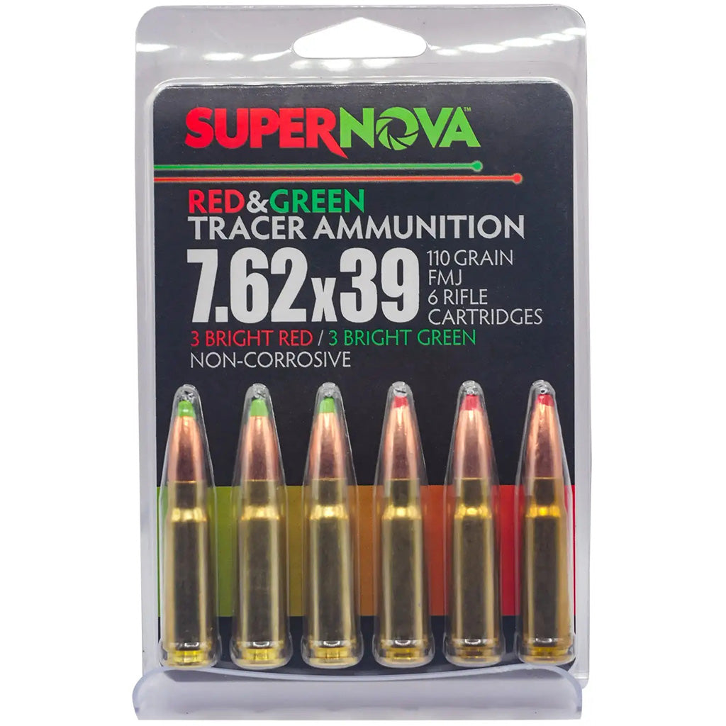 Supernova Tracer Rifle Ammunition in 7.62x39 110 gr. FMJ Green & Red Tracer 6 rd. - Front View