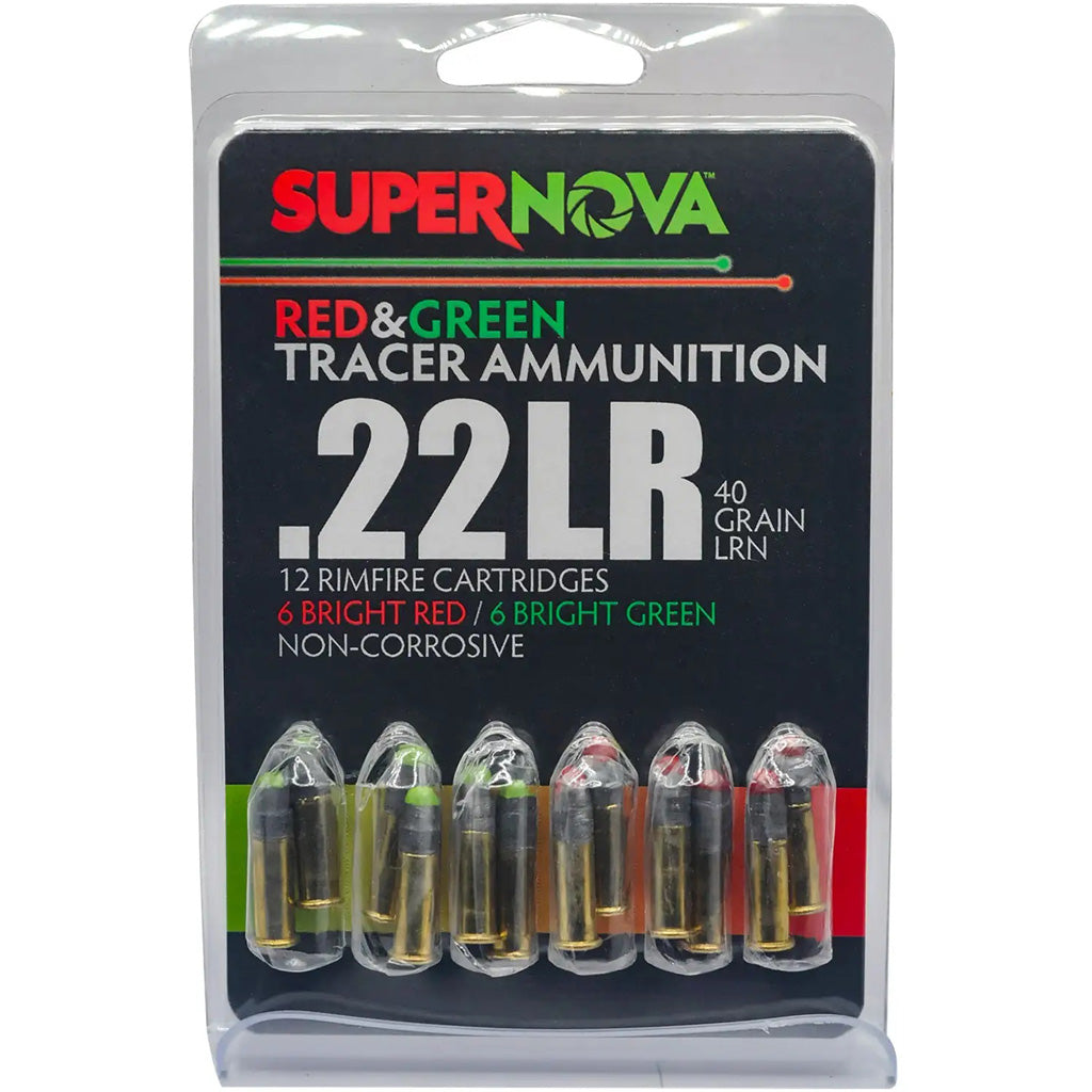 Supernova Tracer Rimfire Ammunition in 22 LR 40gr. LRN Green & Red Tracer 12 rd. - Front View