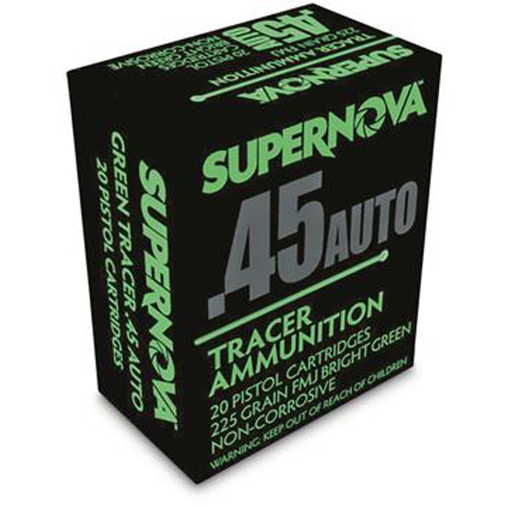 Supernova Tracer Pistol Ammunition in 45 Auto 225 gr. FMJ Green Tracer 20 rd. - Front View