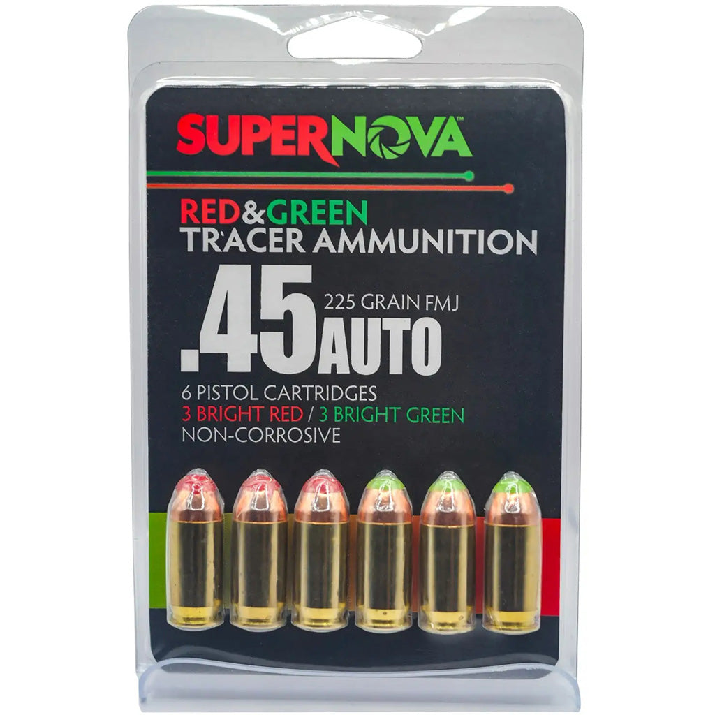 Supernova Tracer Pistol Ammunition in 45 Auto 225 gr. FMJ Green & Red Tracer 6 rd. - Front View