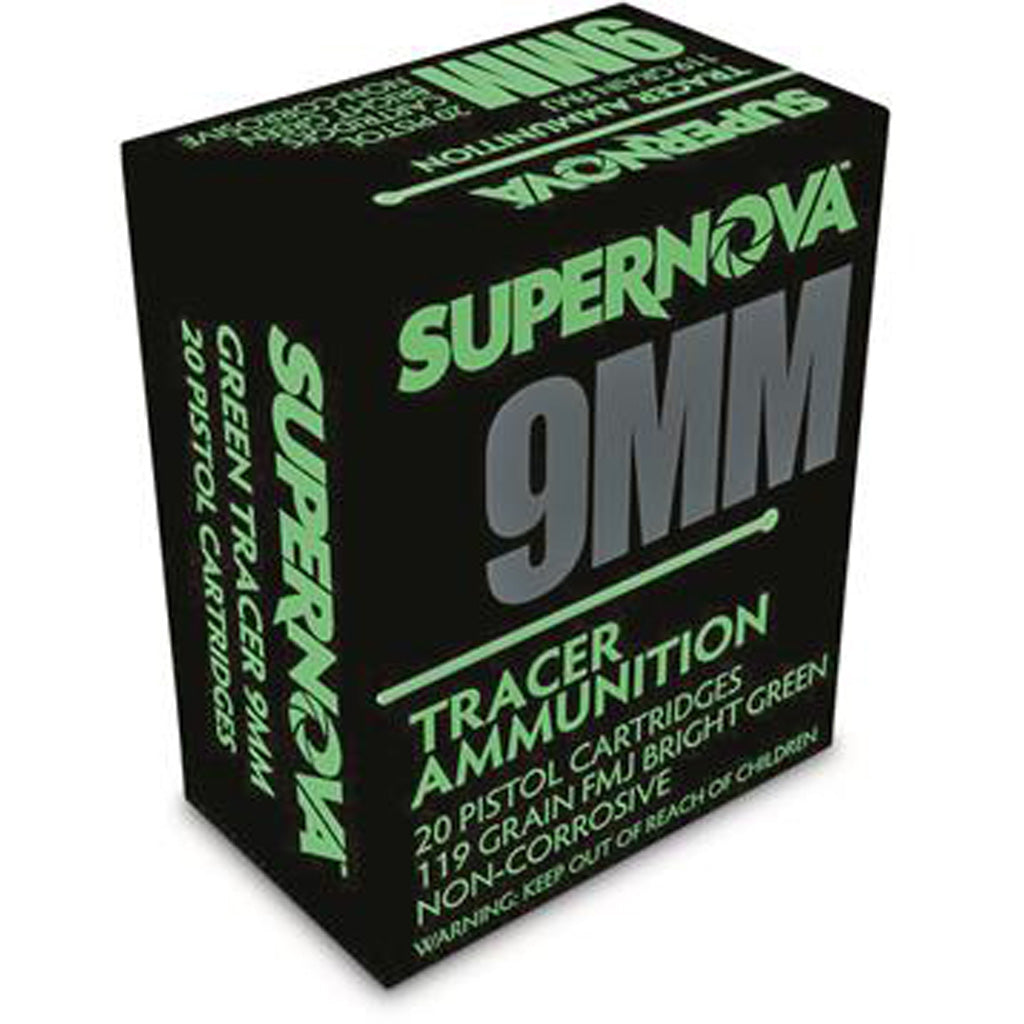 Supernova Tracer Pistol Ammunition in 9mm 119 gr. FMJ Green Tracer 20 rd. - Front View