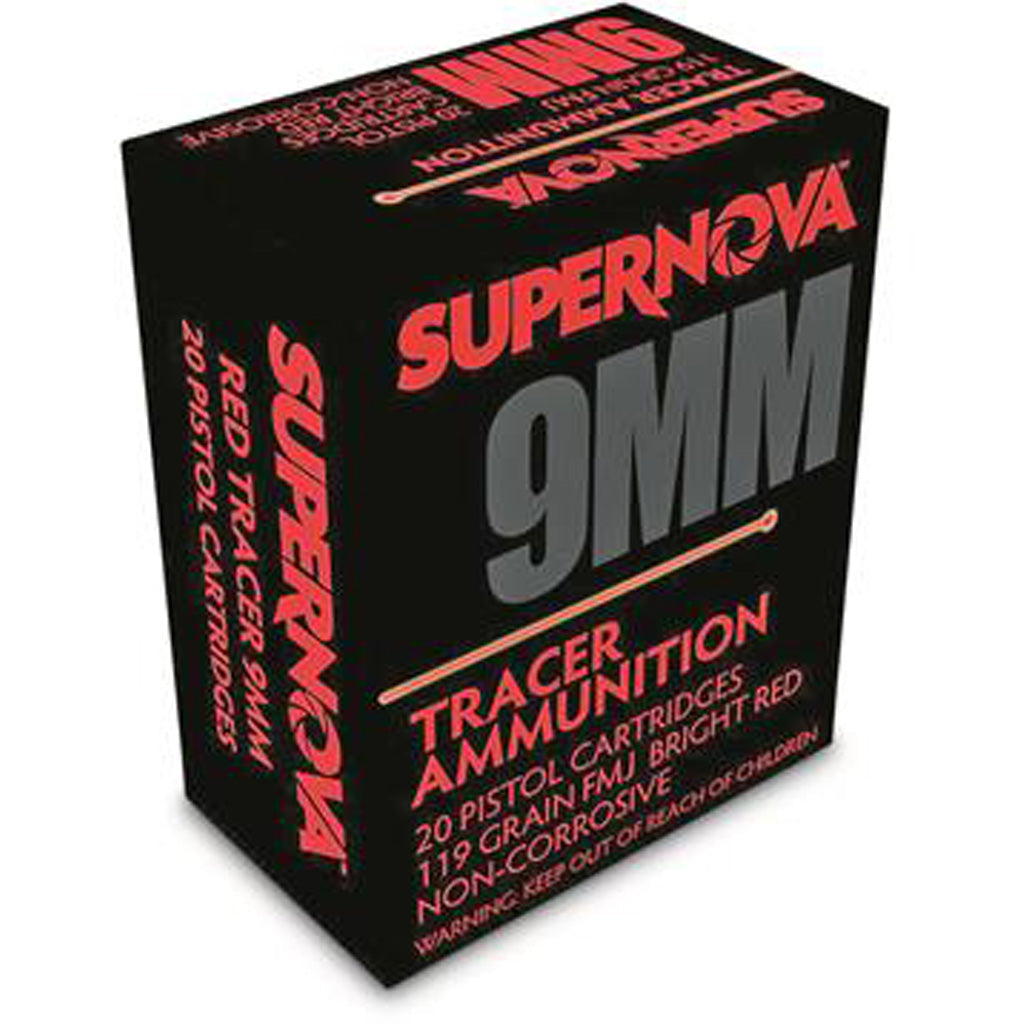 Supernova Tracer Pistol Ammunition in 9mm 119 gr. FMJ Red Tracer 20 rd. - Front View