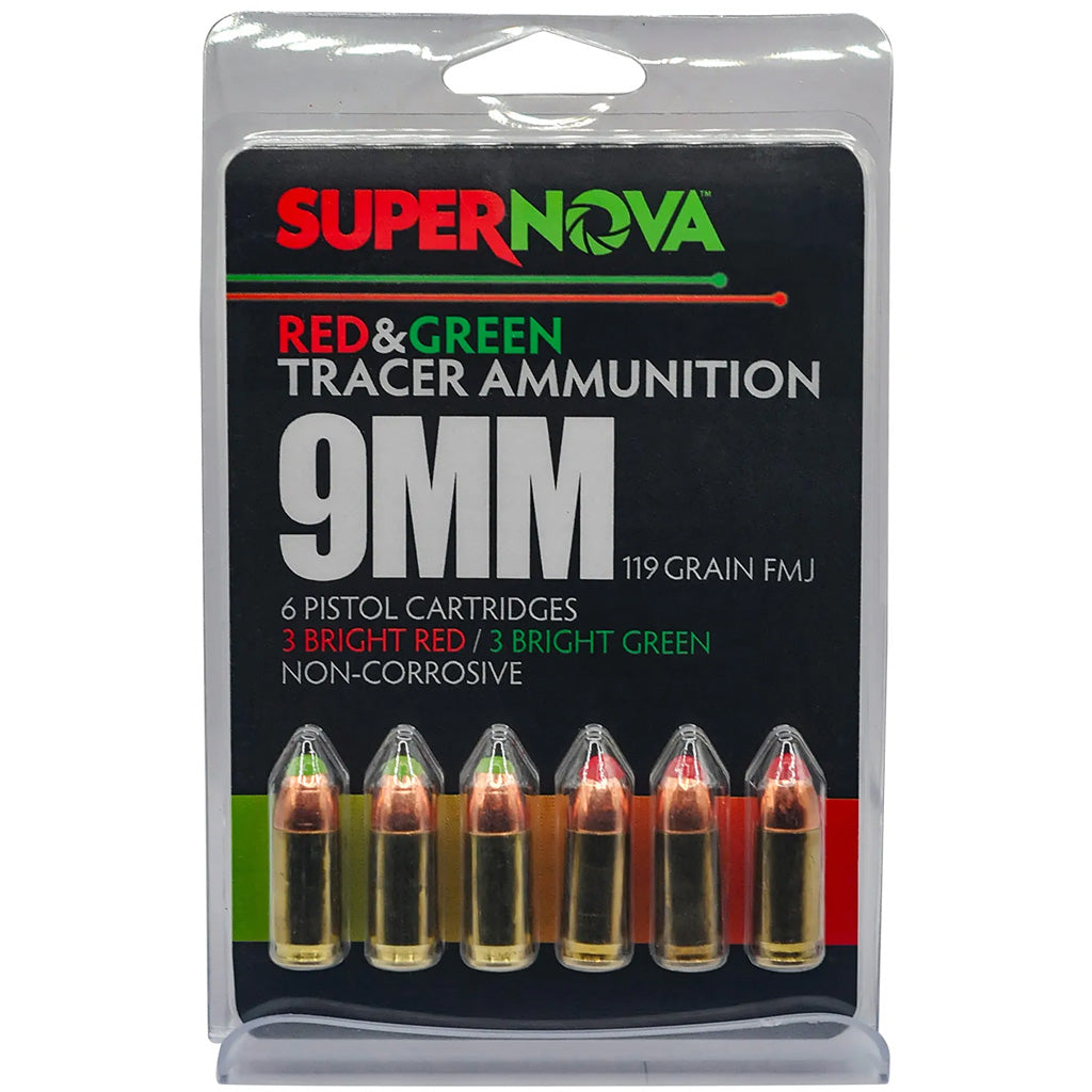 Supernova Tracer Pistol Ammunition in 9mm 119 gr. FMJ Green & Red Tracer 6 rd. - Front View