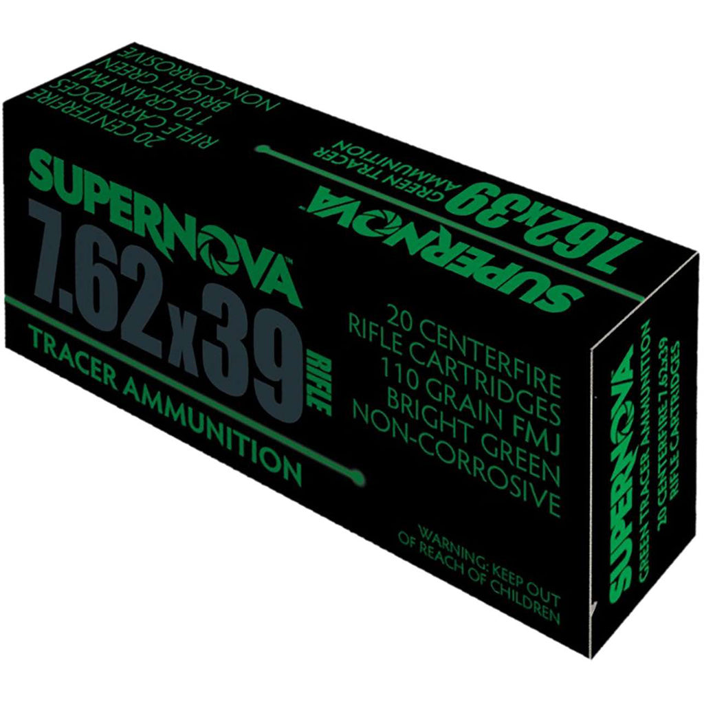 Supernova Tracer Rifle Ammunition in 7.62x39 110 gr. FMJ Green Tracer 20 rd. - Front View