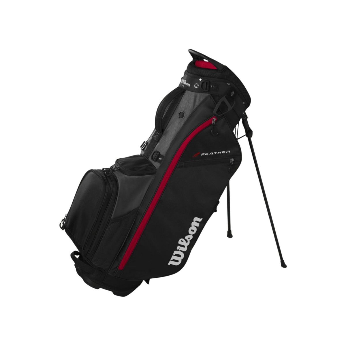 Wilson Golf Feather stand bag in black and gray featuring lightweight construction, multiple storage pockets, and built-in stand legs for easy course access.