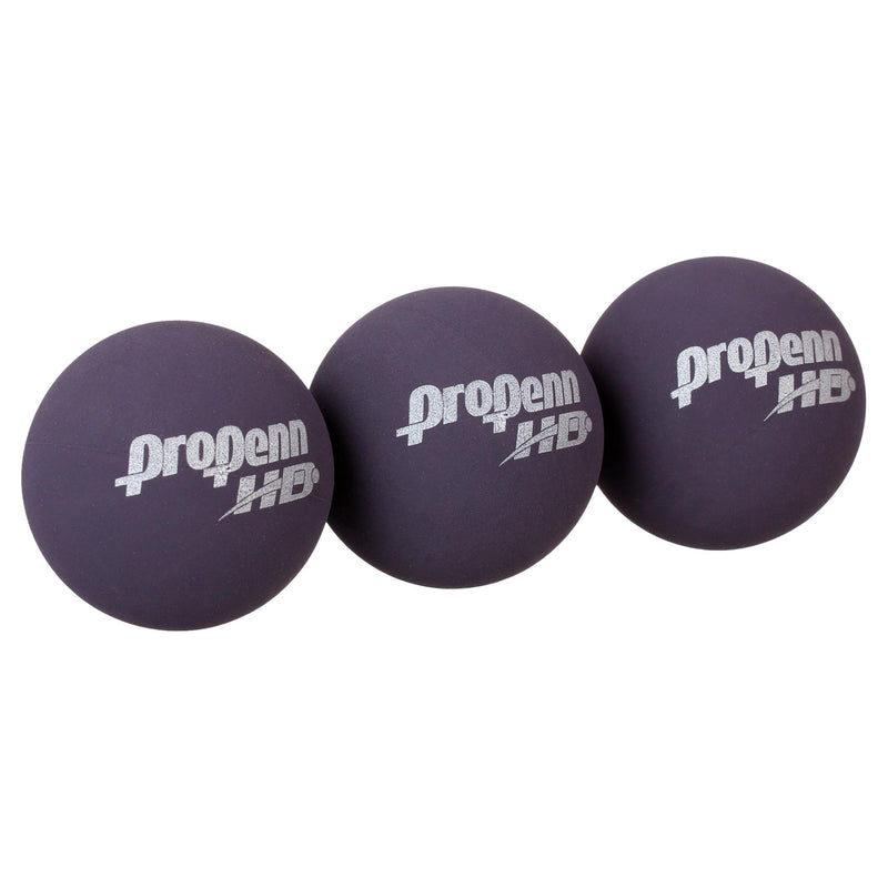 Case of Penn Pro Penn high definition racquetballs in multiple cans arranged together.