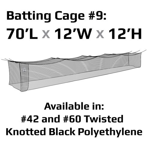 JUGS Batting Cage Nets in Cage 9: 70' L x 12' W x 12' H / #42 Twisted Knotted Black Polyethylene - Front View