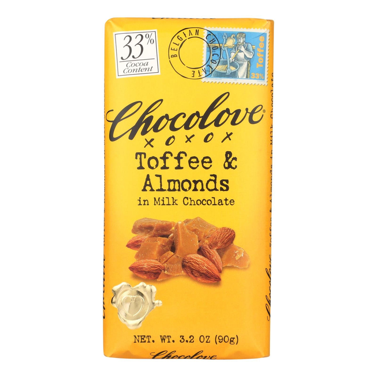 "Chocolove Xoxox Premium Milk Chocolate Bar with Toffee and Almonds - 3.2 oz - Case of 12"