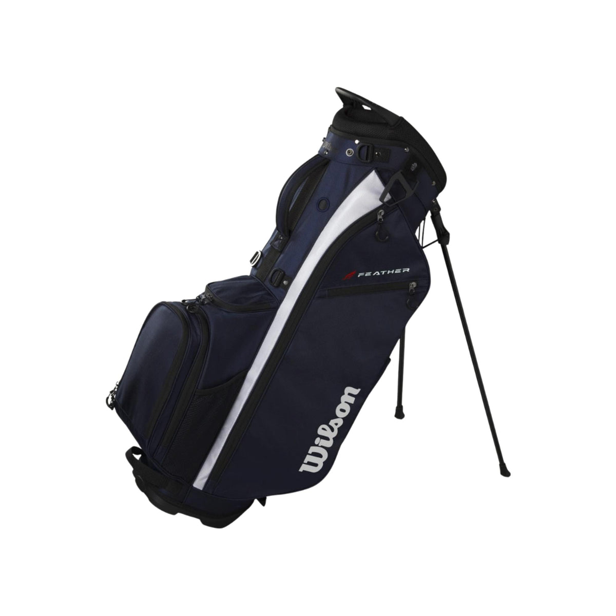 Wilson Golf Feather stand bag in black and gray featuring lightweight construction, multiple storage pockets, and built-in stand legs for easy course access.