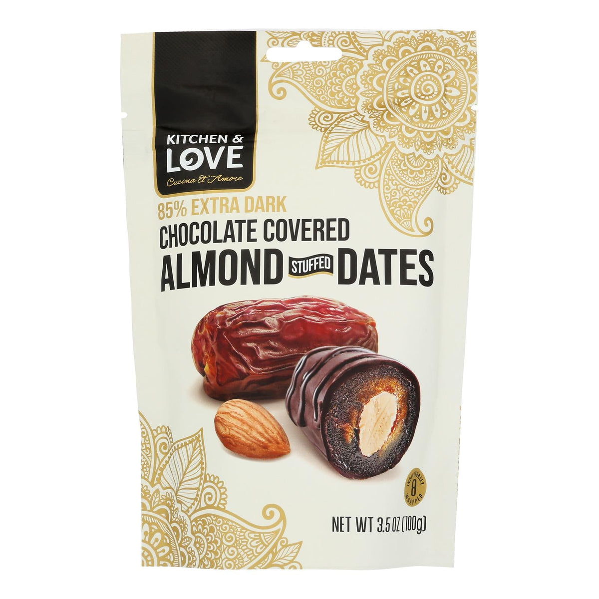 Kitchen & Love Almond Stuffed Dates Dark Chocolate, 8-3.5 Oz Case