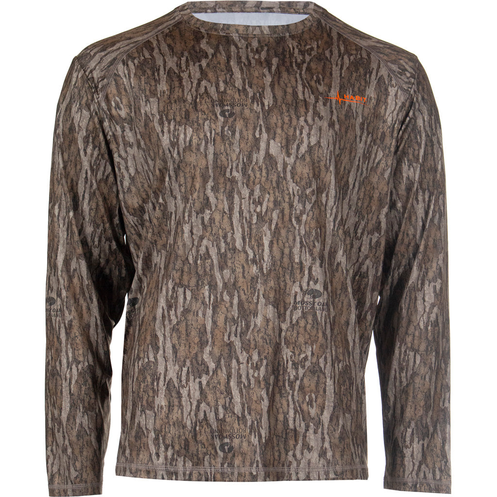 Habit Men's Siesta Cape Long Sleeve Perf Tee in Mossy Oak Bottomlands Camo Men's Medium - Front View