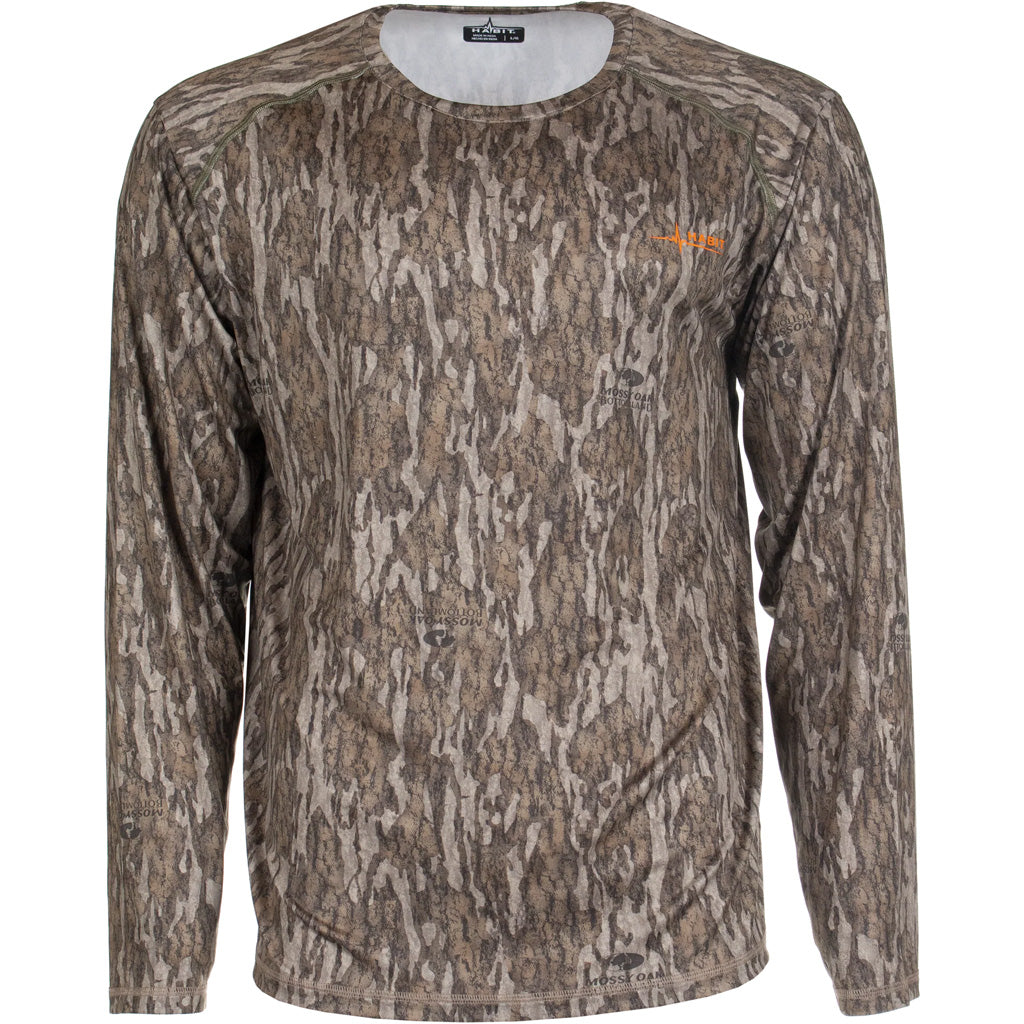 Habit Men's Siesta Cape Long Sleeve Perf Tee in Mossy Oak Bottomlands Camo Men's XL - Front View