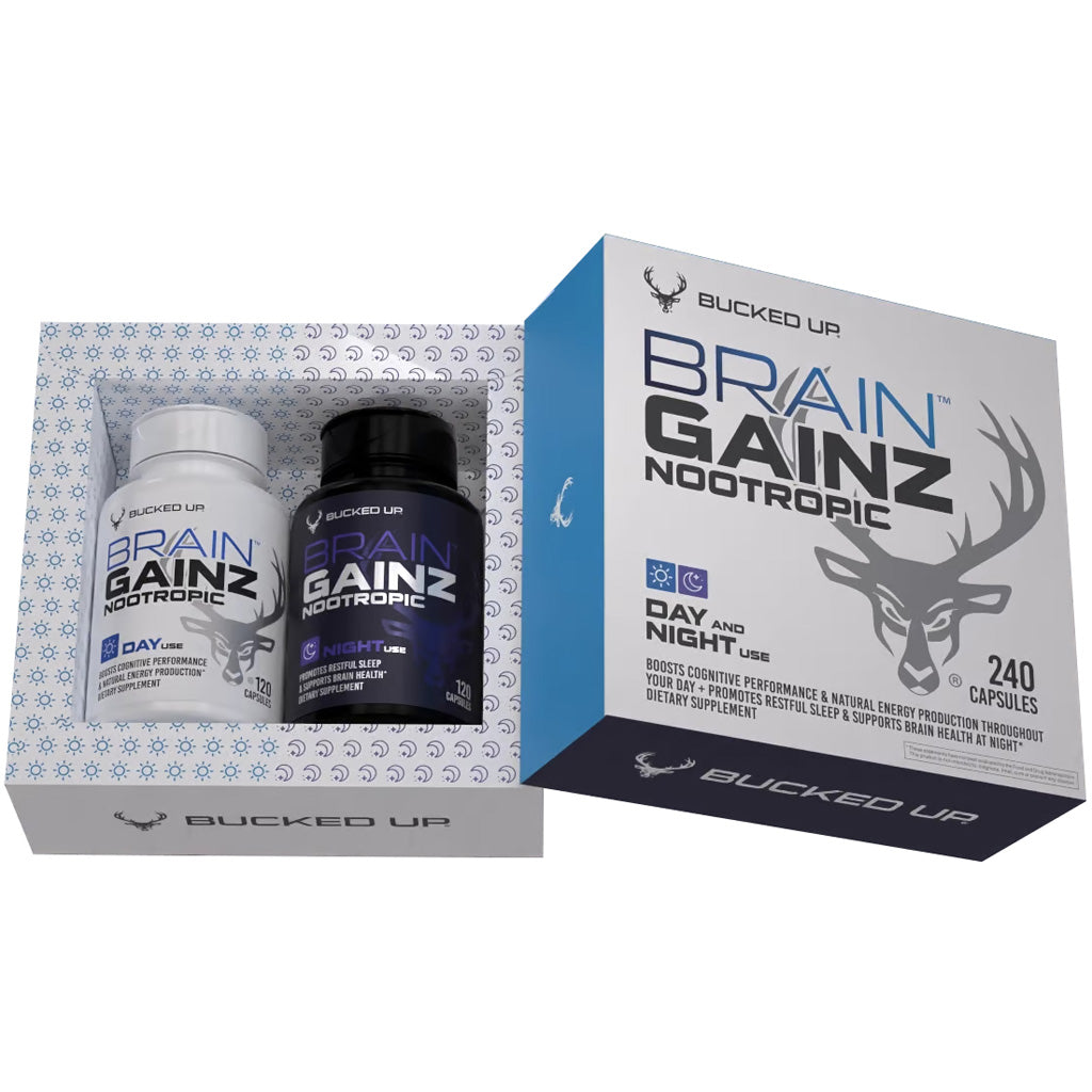 Bucked Up Brain Gainz Day & Night Supplements - Front View