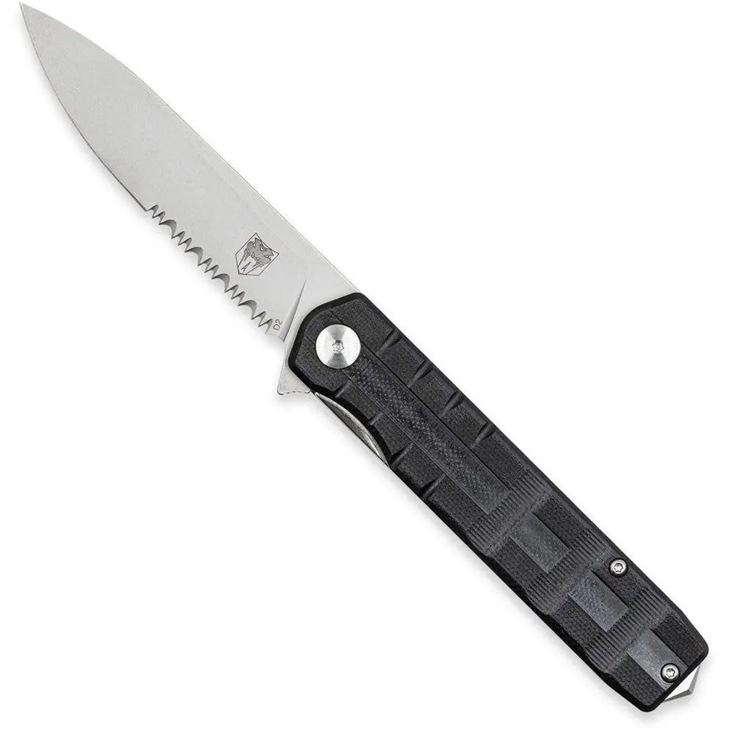 CobraTec Medium Kuzio Drop Serrated Folder Knife in Black - Front View