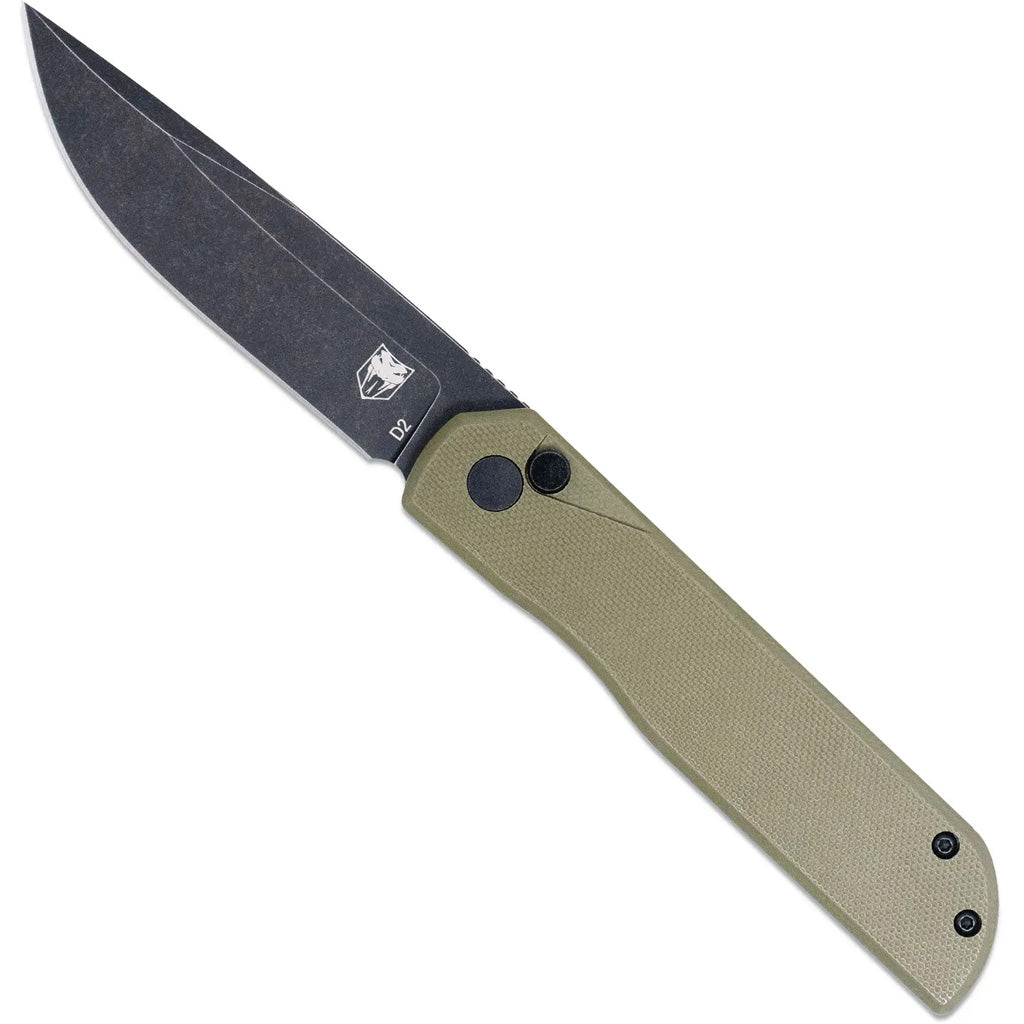 CobraTec Prowler G-10 Button Lock Drop Knife in Olive - Front View