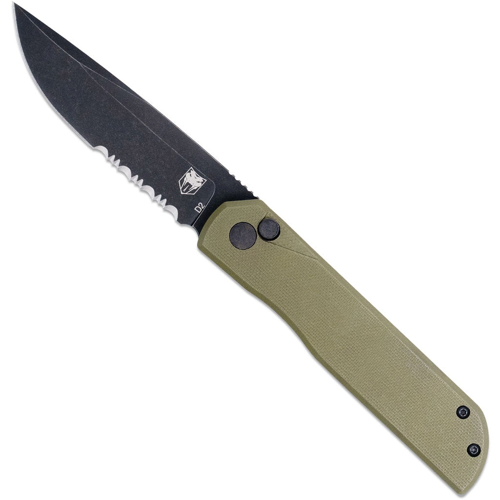 CobraTec Prowler G-10 BLock Drop Serrated Knife in Olive - Front View