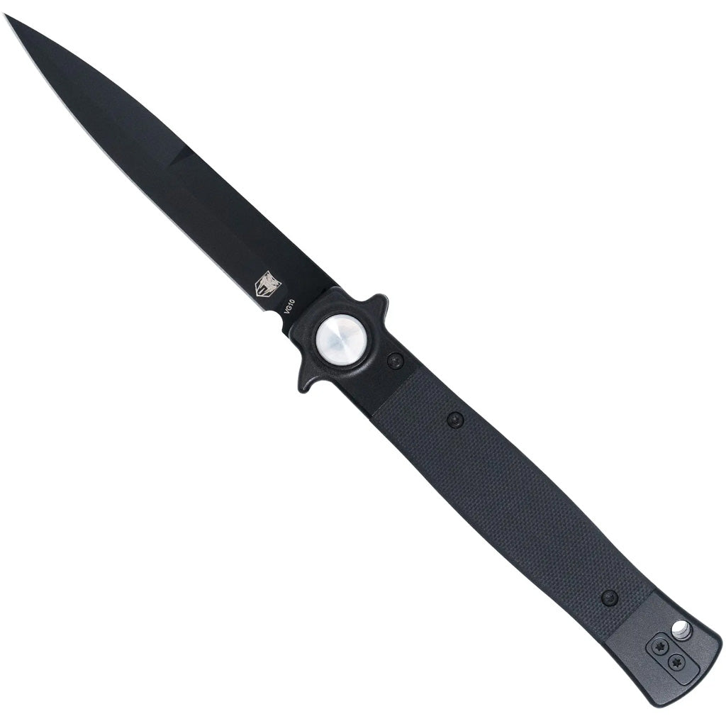 CobraTec Stiletto Button Lock G10 Knife in Black/Black - Front View