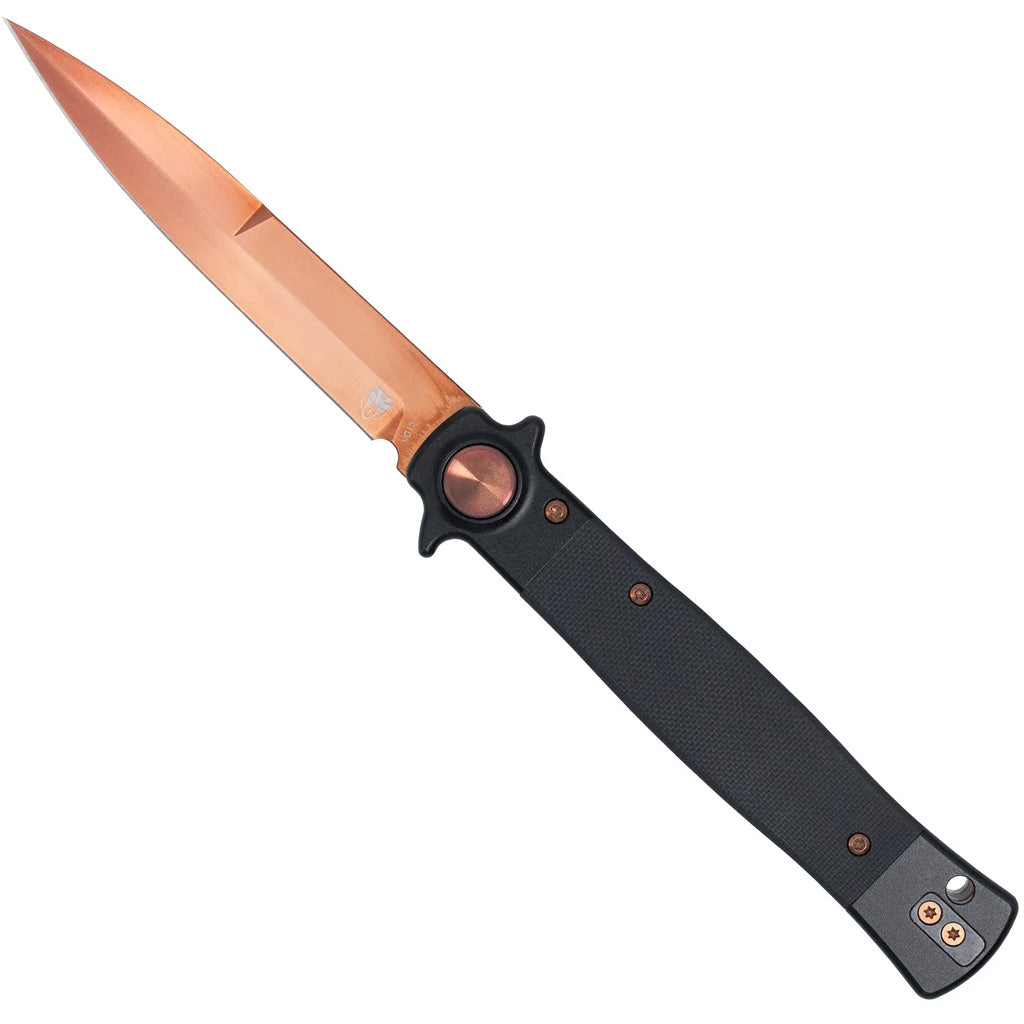 CobraTec Stiletto Button Lock G10 Knife in Black/Gold - Front View